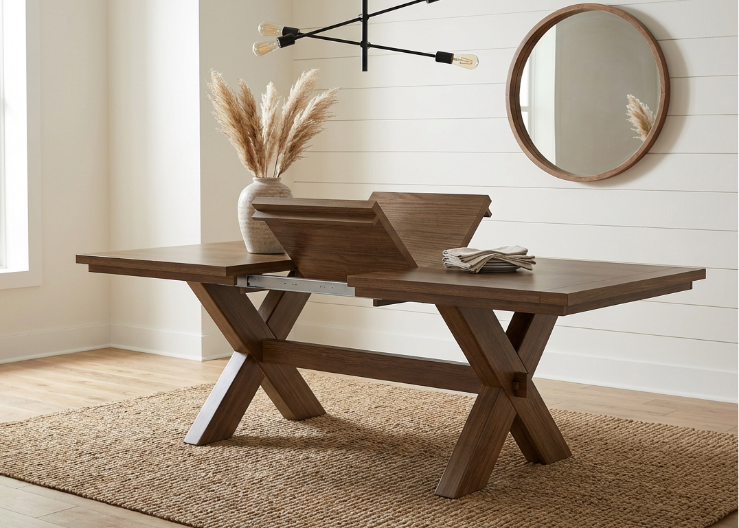 Wooden dining table with a vase of pampas grass and a round mirror on a white wall.