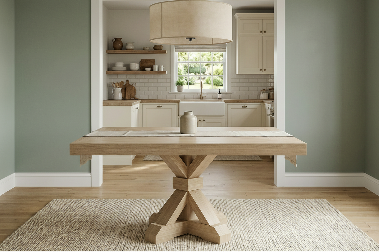 Wooden dining table in a modern kitchen with a green wall and rug.